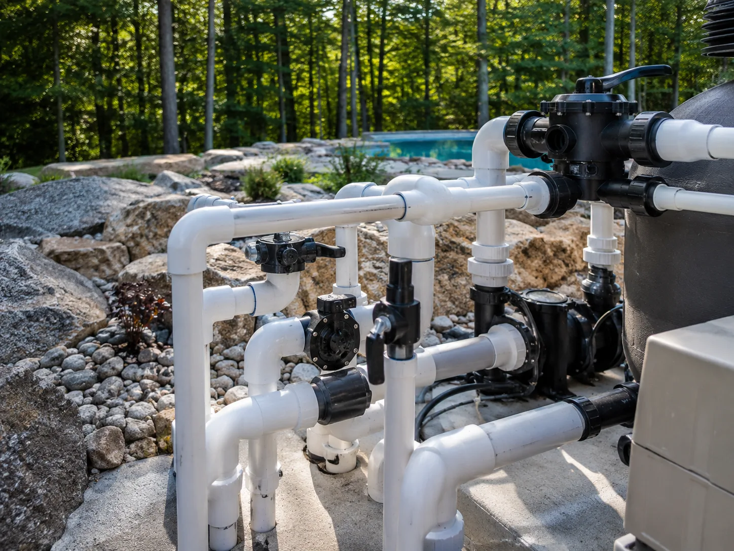 Pool plumbing manifold with PVC pipes, valves, and pump connections