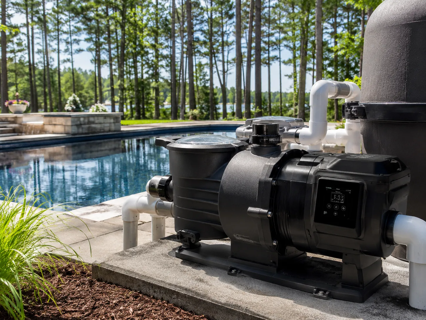 Variable speed pool pump with digital display installed on equipment pad