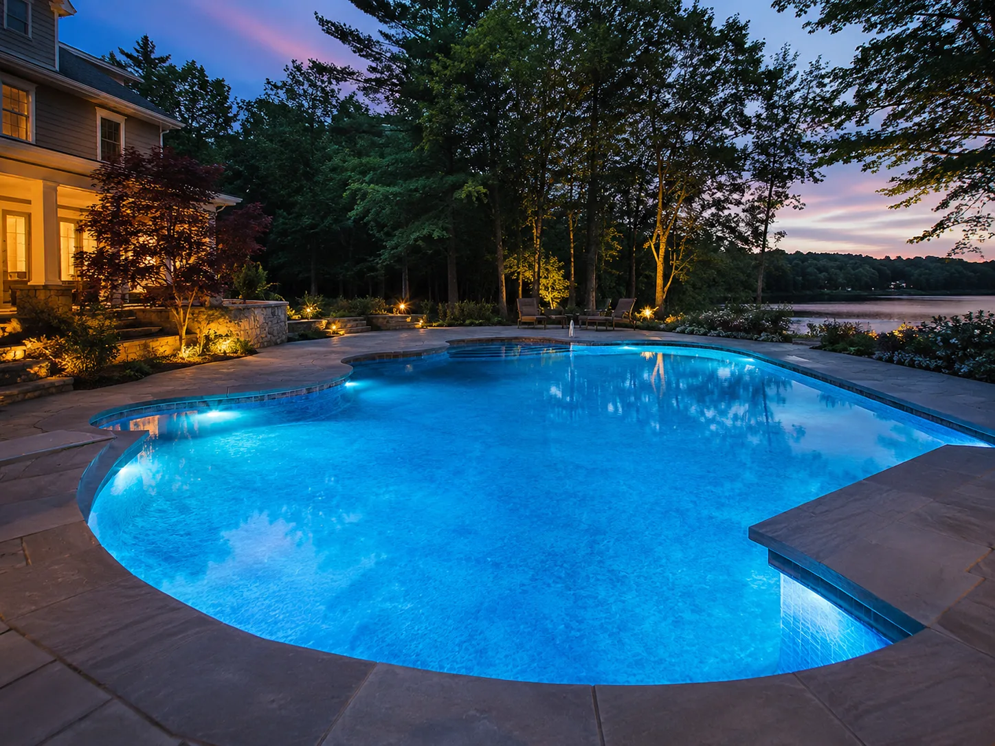 Inground pool glowing with LED lighting at dusk with lake view