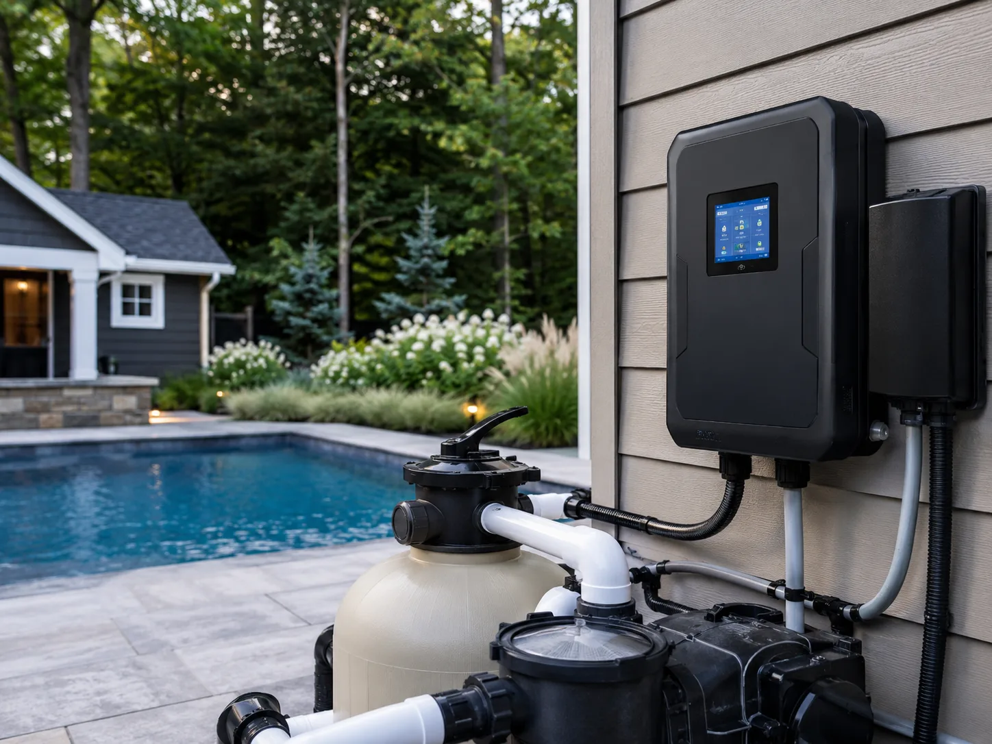 Pool automation control panel mounted to house with equipment pad visible