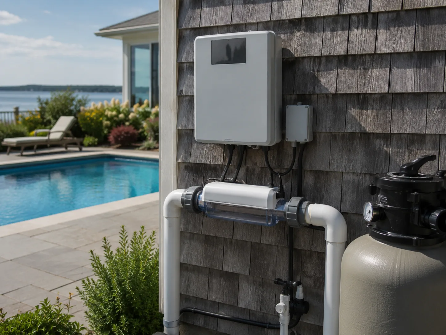 Salt chlorination system installed on coastal Maine pool equipment wall